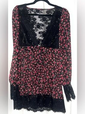 For Love & Lemons Black Floral Lace Trim Mini Dress - Pink Rose Print
